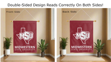 Load image into Gallery viewer, msu logo reading correctly on both sides of maroon double sided house flag