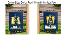 Load image into Gallery viewer, murray state racers logo reading correctly on both sides of blue double sided garden flag