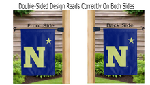 Load image into Gallery viewer, naval academy N star logo reading correctly on both sides of garden flag