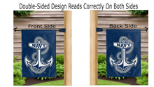 Load image into Gallery viewer, navy anchor logo reading correctly on both sides of blue garden flag