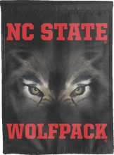 Load image into Gallery viewer, nc state wolfpack house flag with realistic wolf eyes logo for man cave decor