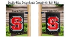 Load image into Gallery viewer, ncsu logo reading correctly on both sides of black double sided garden flag