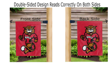 Load image into Gallery viewer, ndscs wildcats logo reading correctly on both sides of red double sided garden flag