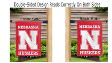Load image into Gallery viewer, nebraska huskers logo reading correctly on both sides of red double sided garden flag