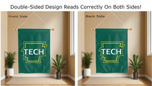 Load image into Gallery viewer, new arkansas tech logo reading correctly on both sides of green double sided house flag