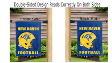 Load image into Gallery viewer, new haven football logo reading correctly on both sides of blue double sided garden flag