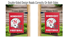 Load image into Gallery viewer, newberry college football logo reading correctly on both sides of red double sided garden flag
