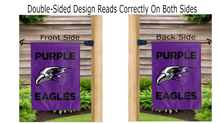 Load image into Gallery viewer, niagara purple eagles logo reading correctly on both sides of purple double sided garden flag