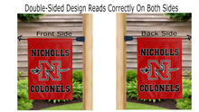 Load image into Gallery viewer, red nicholls colonels logo reading correctly on both sides of garden flag