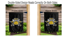 Load image into Gallery viewer, nku norse logo reading correctly on both sides of black double sided garden flag