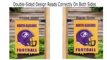 Load image into Gallery viewer, north alabama football logo reading correctly on both sides of gold double sided garden flag