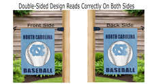 Load image into Gallery viewer, north carolina baseball logo reading correctly on both sides of blue garden flag