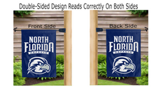 Load image into Gallery viewer, north florida ospreys logo reading correctly on both sides of blue double sided garden flag