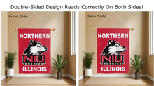 Load image into Gallery viewer, northern illinois niu huskies logo reading correctly on both sides of red double sided house flag