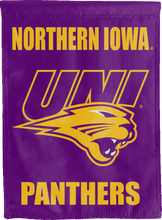Load image into Gallery viewer, purple northern iowa panthers double sided house flag for college dorm decor