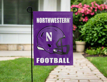 Load image into Gallery viewer, northwestern football garden flag hung for yard decor outside a house
