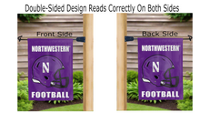 Load image into Gallery viewer, northwestern football logo reading correctly on both sides of garden flag