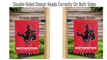 Load image into Gallery viewer, northwestern rangers logo reading correctly on both sides of red double sided garden flag