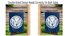 Load image into Gallery viewer, northwood university Timberwolves logo reading correctly on both sides of blue garden flag