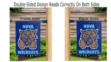 Load image into Gallery viewer, nova wildcats villanova mascot logo reading correctly on both sides of blue double sided garden flag