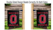Load image into Gallery viewer, o ohio state buckeyes logo reading correctly on both sides of black double sided garden flag