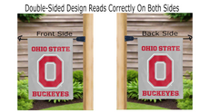 Load image into Gallery viewer, o ohio state buckeyes logo reading correctly on both sides of grey double sided garden flag