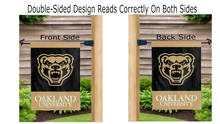 Load image into Gallery viewer, oakland university logo reading correctly on both sides of gold and black double sided garden flag