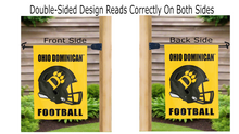 Load image into Gallery viewer, ohio dominican football logo reading correctly on both sides of gold double sided garden flag
