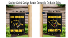 Load image into Gallery viewer, ohio dominican university logo reading correctly on both sides of black double sided garden flag