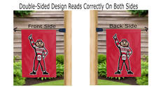 Load image into Gallery viewer, ohio state brutus logo reading correctly on both sides of red double sided garden flag