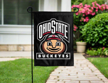 Load image into Gallery viewer, black ohio state buckeyes double sided garden flag for yard decor