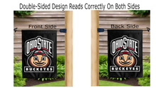 Load image into Gallery viewer, ohio state buckeyes logo reading correctly on both sides of black double sided garden flag