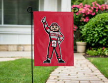 Load image into Gallery viewer, red ohio state double sided garden flag with brutus logo for yard decor