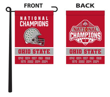 Load image into Gallery viewer, Red double sided Ohio State Football Nine Time Champions College Football Playoff Garden Flag hanging on black garden flag stand