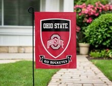 Load image into Gallery viewer, red ohio state garden flag with shield and go buckeyes logo for yard decor