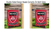Load image into Gallery viewer, ohio state shield and go buckeyes logo reading correctly on both sides of red double sided garden flag