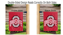 Load image into Gallery viewer, ohio state university logo reading correctly on both sides of red double sided garden flag