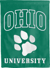 Load image into Gallery viewer, green ohio university double sided house flag with paw logo for college dorm decor