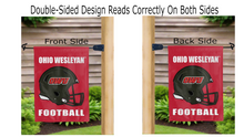 Load image into Gallery viewer, ohio wesleyan football logo reading correctly on both sides of red double sided garden flag