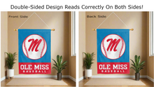 Load image into Gallery viewer, ole miss baseball logo reading correctly on both sides of light blue and red double sided house flag
