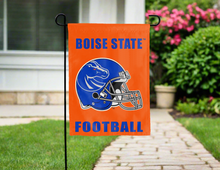 Load image into Gallery viewer, orange double sided garden flag with boise state football logo for yard decor