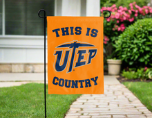 Load image into Gallery viewer, orange double sided garden flag with this is utep miners country logo for yard decor