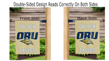 Load image into Gallery viewer, oru golden eagles logo reading correctly on both sides of gold double sided garden flag