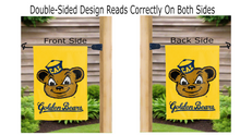 Load image into Gallery viewer, oski the bear logo reading correctly on both sides of gold uc berkeley double sided garden flag