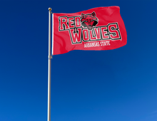 Load image into Gallery viewer, outdoor display of arkansas state red wolves flag for tailgate decor