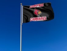 Load image into Gallery viewer, outdoor display of black louisville cardinals flag for tailgate decor