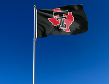 Load image into Gallery viewer, outdoor display of black texas tech university flag with texas border logo for tailgate decor