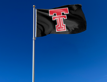 Load image into Gallery viewer, outdoor display of black texas tech university red raiders flag for tailgate decor