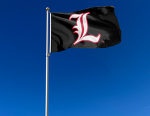Load image into Gallery viewer, outdoor display of black university of louisville flag for tailgate decor