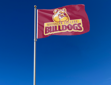 Load image into Gallery viewer, outdoor display of maroon brooklyn college bulldogs flag for tailgate decor